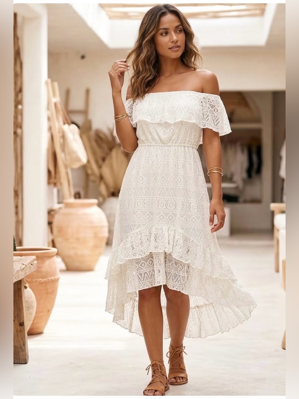 Off White Boho Geometric Lace Strapless Off-Shoulder High-Low Dress Size XL